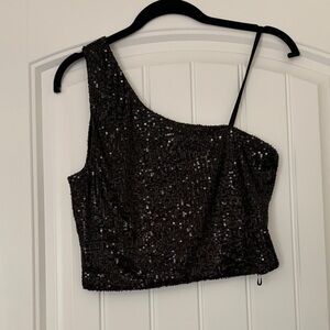 Elodie Sparkling Black One-Shoulder Crop Top